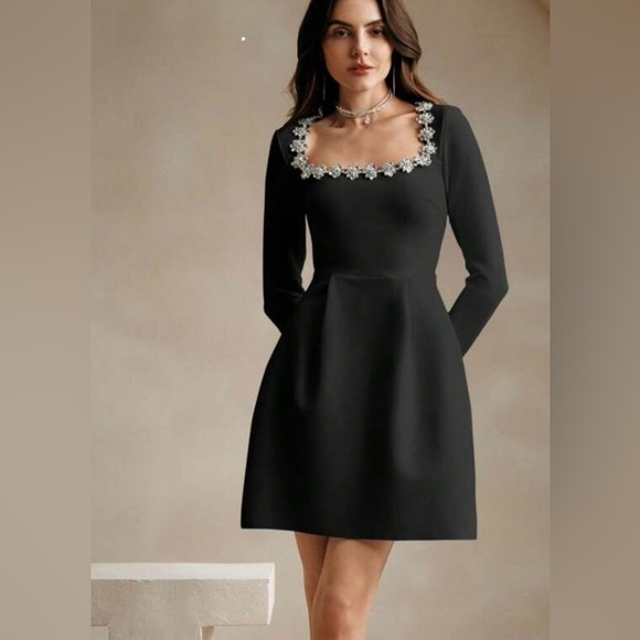 Viral embellished elegant square neck black dress - Picture 6 of 15
